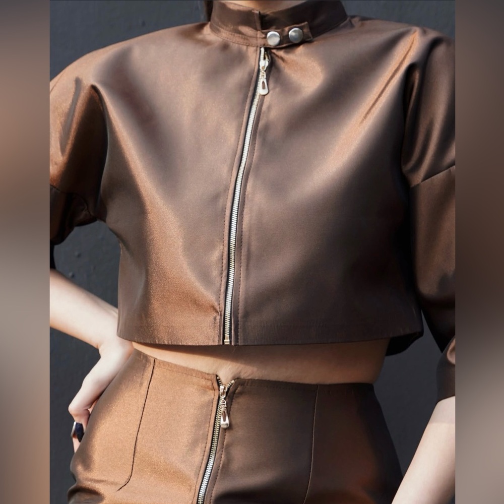 Brown Metallic Cropped Jacket and Skirt Set